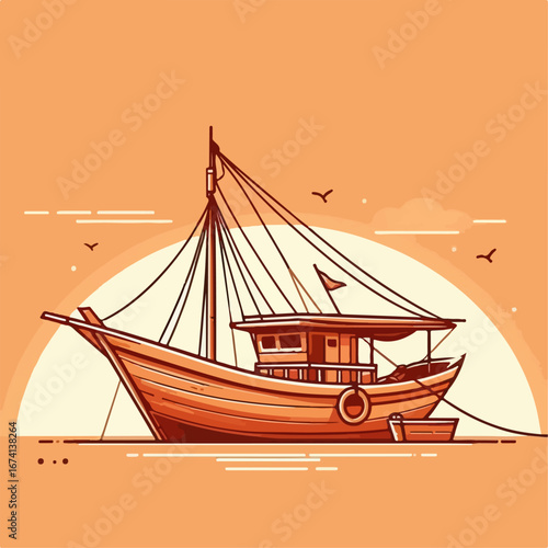 vector illustration of fishing boat on orange background