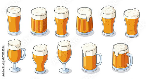 Collection of different beer glasses with foam in cartoon style