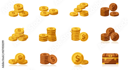 Variety of gold and bronze coin icons with treasure chest