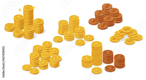 Isometric stacks of gold and bronze coins in various arrangements on a white background
