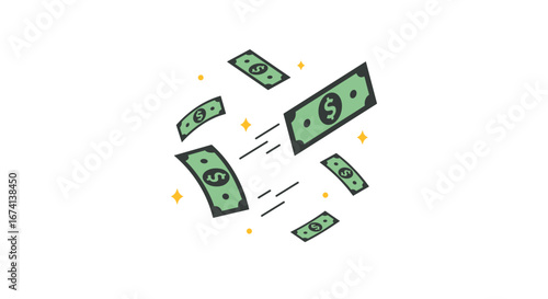Flying dollar bills in motion with minimalist design elements