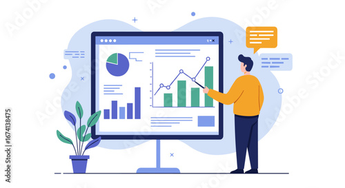 Professional data analyst examining interactive graphs in flat design