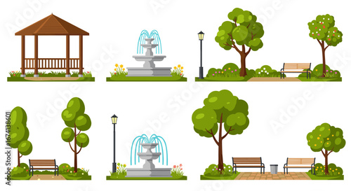 Elegant park elements with gazebo and trees in flat design