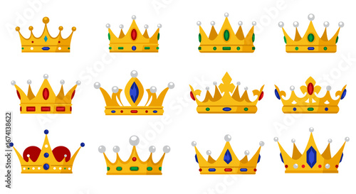 Collection of colorful royal crowns with gemstones in flat design on white background