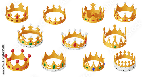 Collection of royal golden crowns with gemstones in isometric style