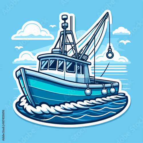 vector illustration of fishing boat on blue background