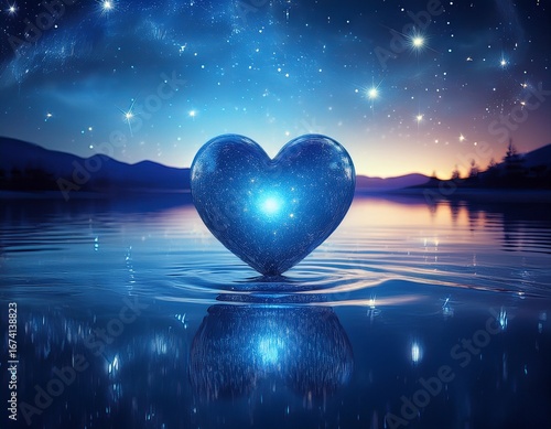 a blue heart floats serenely on water surrounded by twinkling stars in a tranquil night sky