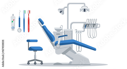 Modern dental clinic equipment in clean flat style