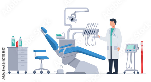 Modern dental clinic room setup with dentist and equipment in flat style