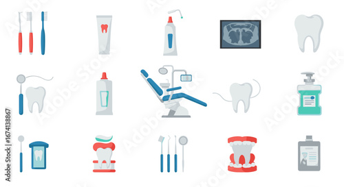 Dental care icons set: essential tools and equipment in flat design