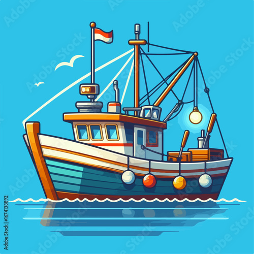 vector illustration of fishing boat on blue background