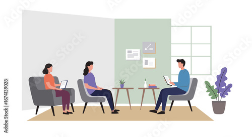 Modern office waiting area with people reading in armchairs