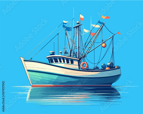 vector illustration of fishing boat on blue background