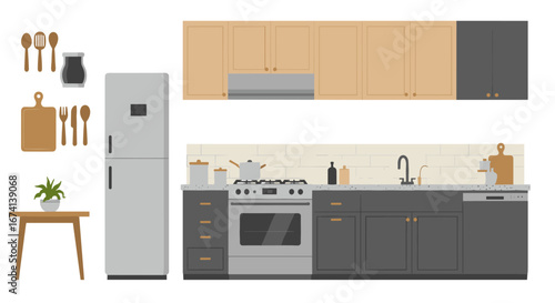 Modern kitchen interior with appliances and utensils in flat design style
