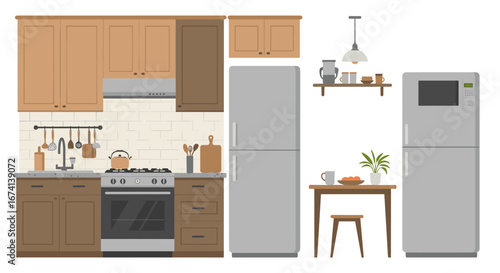 Modern kitchen interior with appliances and furniture in flat design style