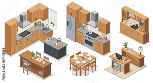 Modern isometric kitchen designs with appliances and dining area