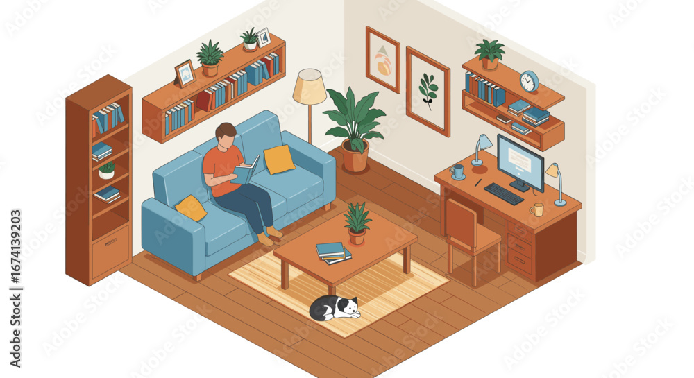 Naklejka premium Cozy isometric living room with man reading on sofa and dog relaxing on floor