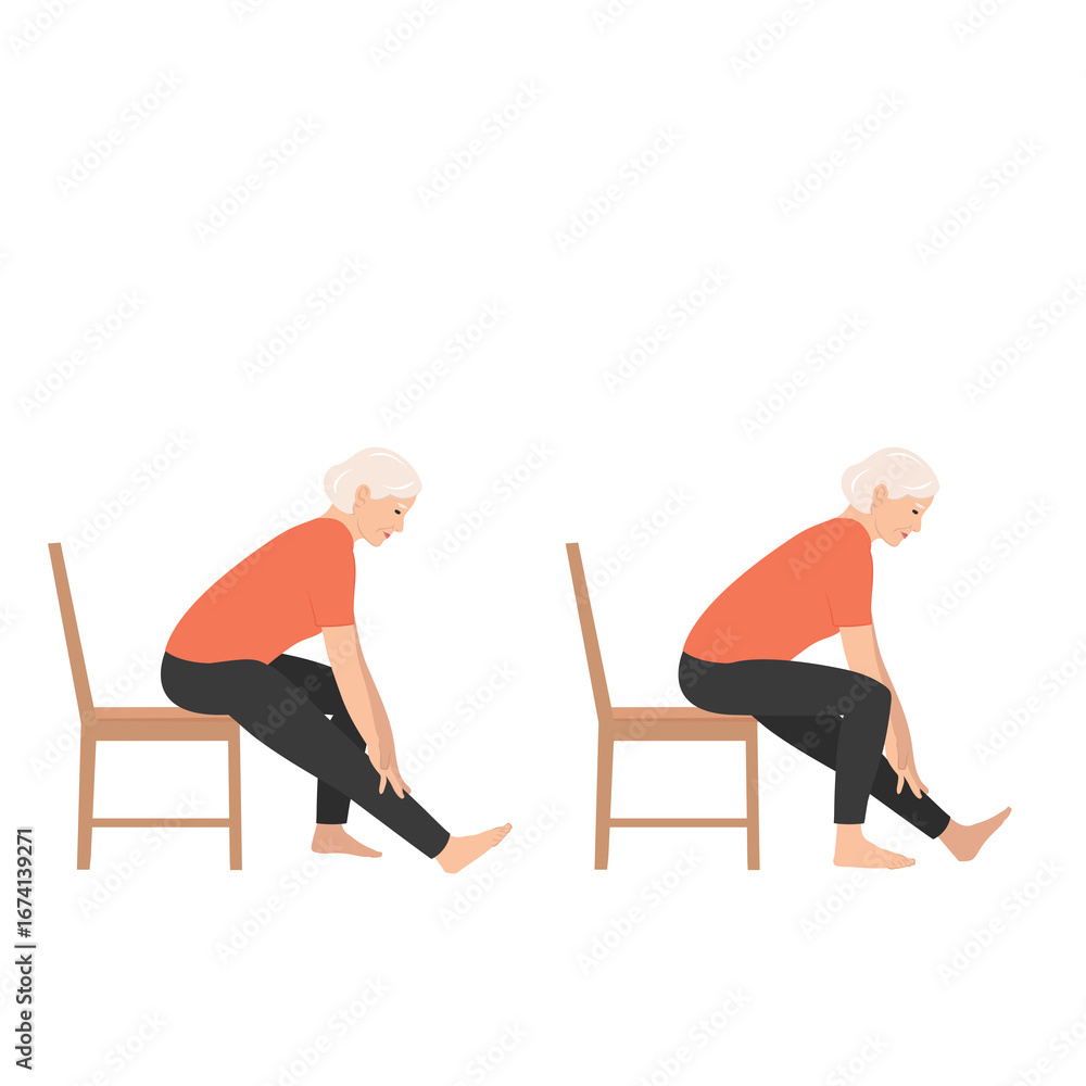 Obraz premium Elderly woman performing seated hamstring stretch on chair demonstrating flexibility and mobility exercise for seniors