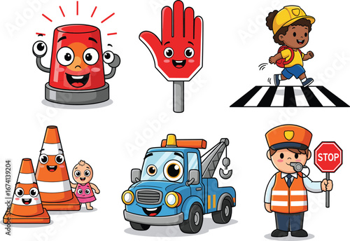 Road safety cartoon set, stop sign, traffic officer, tow truck, emergency siren, cones, crosswalk, child, whistle, education clipart