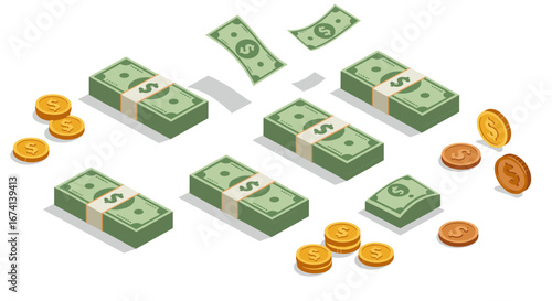 Isometric cash and coins: stacks of dollars and currency symbols on white background