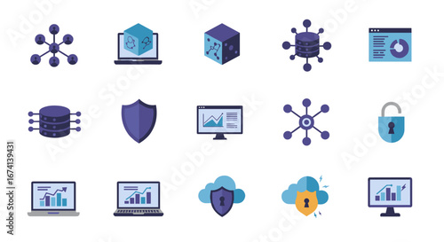 Flat style cybersecurity and data management icons set