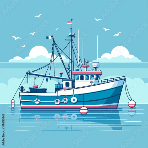 vector illustration of fishing boat on blue background