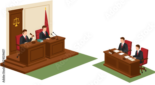 Isometric courtroom scene with judge and lawyers engaged in legal proceedings