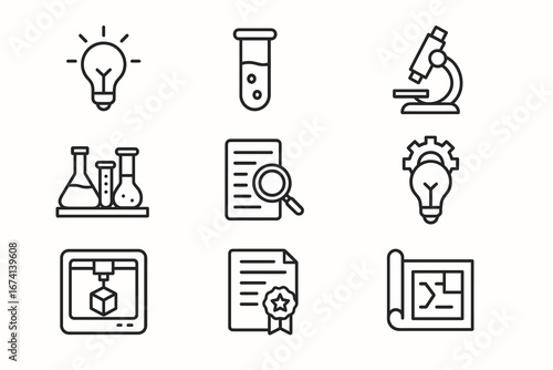 A set of minimalist innovation icons, including symbols for a lightbulb, test tube, microscope, and 3D printer