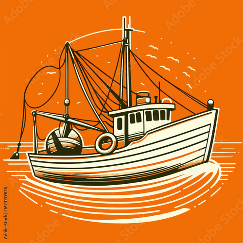 vector illustration of fishing boat on orange background