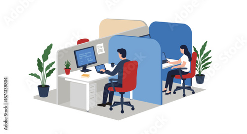 Modern workspace with people at desks in an isometric office setting