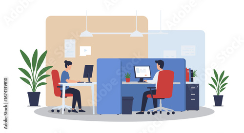 Colleagues working in modern office setting with plants and computers