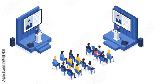 Isometric business presentation with speaker and audience in conference setting