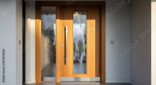 Modern wooden front door with textured glass panels and bright light