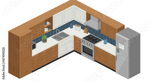 Modern isometric kitchen design with wooden cabinets and stainless steel appliances