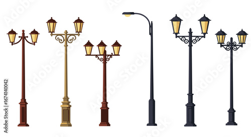 Vintage street lamp collection with ornate designs and classic finishes