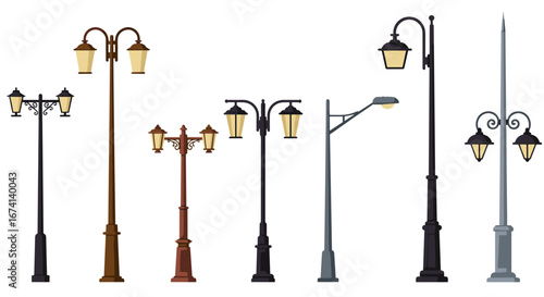 Collection of classic and modern street lamps in flat design
