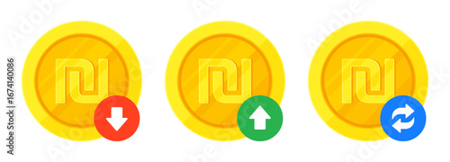 Set of New Shekel (₪) gold coins, arrows for increase, decrease, transaction. Finance, currency, fluctuation, ILS, NIS exchange concept. Flat vector illustration isolated on a white background