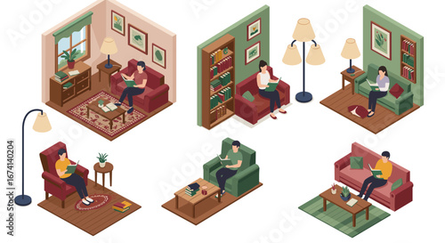 Cozy isometric living room with people reading and relaxing in various settings