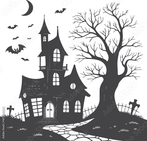 Gothic Haunted House vector with Transparent Background Featuring Porch, Leafless Tree, and Bats for Spooky Design Templates eps file
