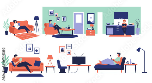 Modern home interior with people relaxing in minimalist living spaces