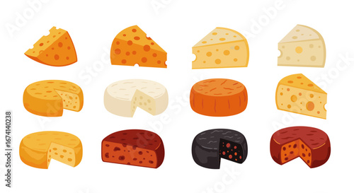 Variety of cheese types in flat design with different shapes and colors