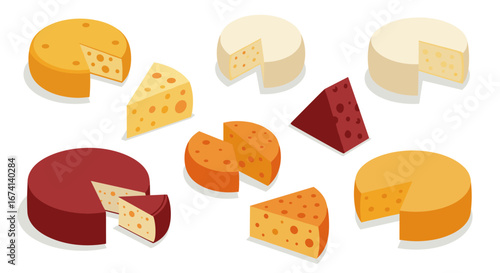 Variety of cheese types with wedges in colorful flat design