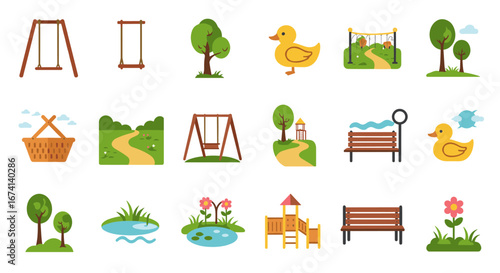 Playful park elements: swings, benches, and nature icons in flat design