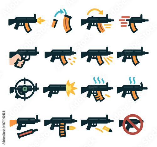 Flat military icon set featuring rifle, magazine, reload, firing, scope, silencer, and prohibition symbols