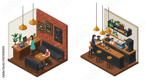 Cozy isometric cafe interior with barista and customer in modern setting