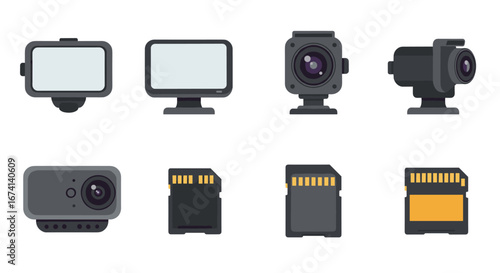 Set of flat action cameras and memory cards for multimedia projects