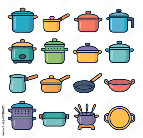 Flat cookware icon set featuring pots, pans, saucepan, bowl, kettle, and fondue symbols