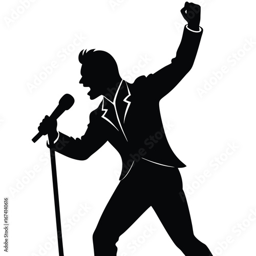 Silhouette of a man singing into a microphone with arm raised