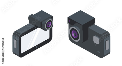 Modern isometric action cameras with dual lenses and touch screens