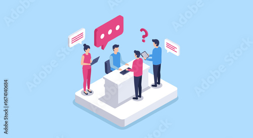 Team collaboration in office setting with isometric style on blue background